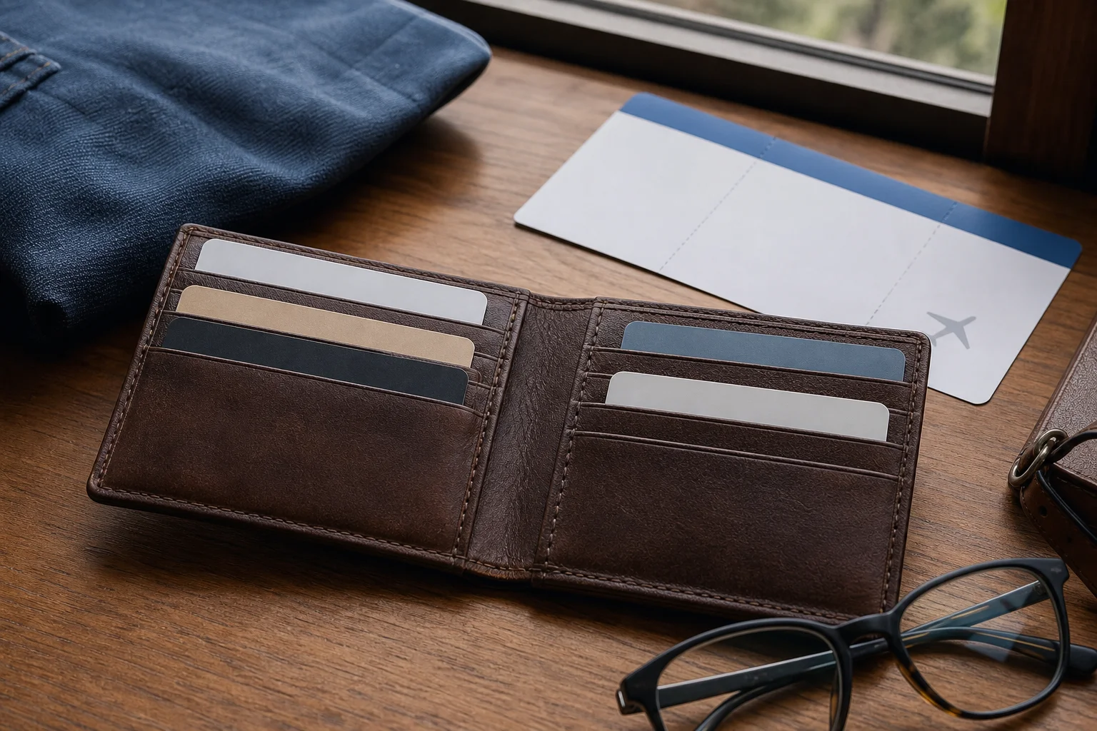 Travel wallet flat lay with generic cards