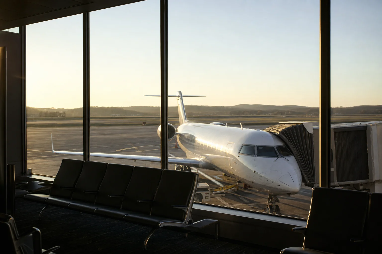 Regional jet at a gate in early morning light