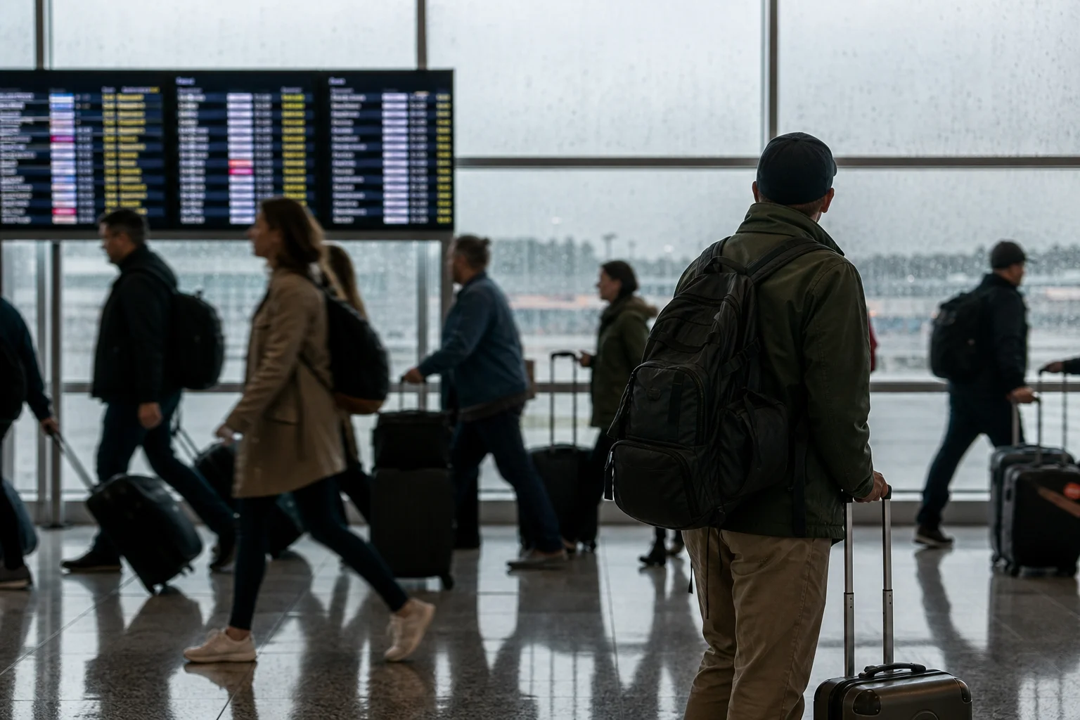 Airport concourse during a weather delay